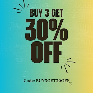 May include: Promotional graphic with a gradient blue to yellow background. Bold text reads "BUY 3 GET 30% OFF" in dark brown. Below, the text "Code: BUY3GET30OFF" is displayed. Decorative lines radiate from the top and bottom.
