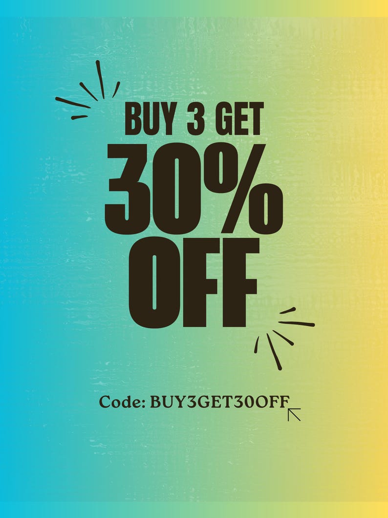 May include: Promotional graphic with a gradient blue to yellow background. Bold text reads "BUY 3 GET 30% OFF" in dark brown. Below, the text "Code: BUY3GET30OFF" is displayed. Decorative lines radiate from the top and bottom.
