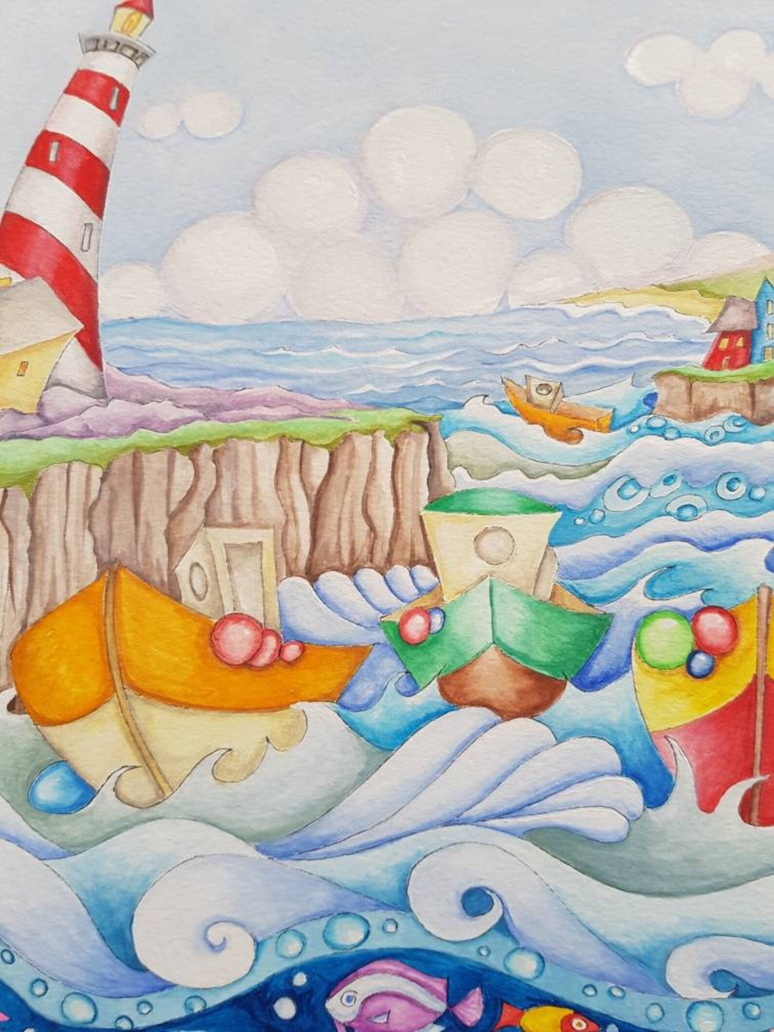 Original watercolour quirky seascape quirky art nautical Etsy