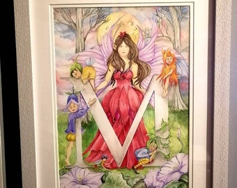 Letter M initial/letter painting, fairy and pixie art, fairytale theme. Fairy and elf picture. Childs bedroom gift. Fairy art. Fantasy fairy