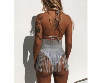 Sparkling Crystal Diamonds Rhinestone Long Tassel Mini Skirts Sexy Women Metal Eyelets Lace Up Skirt Summer Beach Party Clubwear