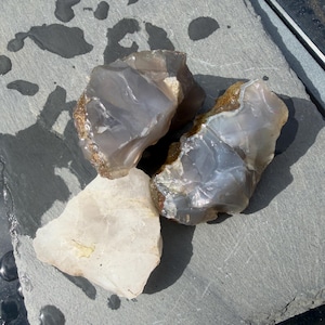 May include: Three raw mineral specimens consisting of two translucent, smooth, greyish-blue chalcedony stones with rough, earthy brown edges and one opaque, off-white, angular quartz-like stone with a matte, crystalline texture.