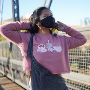 Sweet N' Chic - Cropped Sweatshirt (Cute Pink Coffee Boba Bubble Tea & Tea Cup)