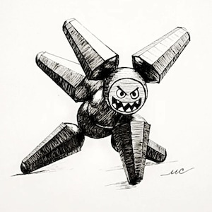 May include: A pen and ink illustration of a mechanical robot with an angry face. The robot has a round head with a menacing grin and four angled, rectangular legs and arms. The artwork is in black and white.