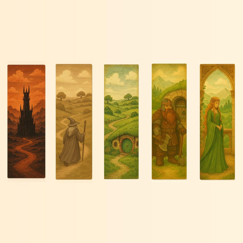 May include: Set of five rectangular bookmarks featuring fantasy art. The bookmarks depict scenes with a dark tower, a wizard, a hobbit hole, a dwarf, and an elf. Each bookmark has a unique landscape and character illustration.