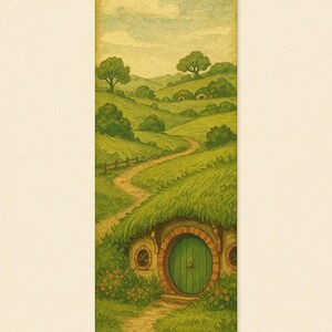 May include: A whimsical bookmark featuring a watercolor illustration of a hobbit hole nestled in a green hillside. A winding path leads to the round green door. The sky is a soft blue with fluffy clouds.