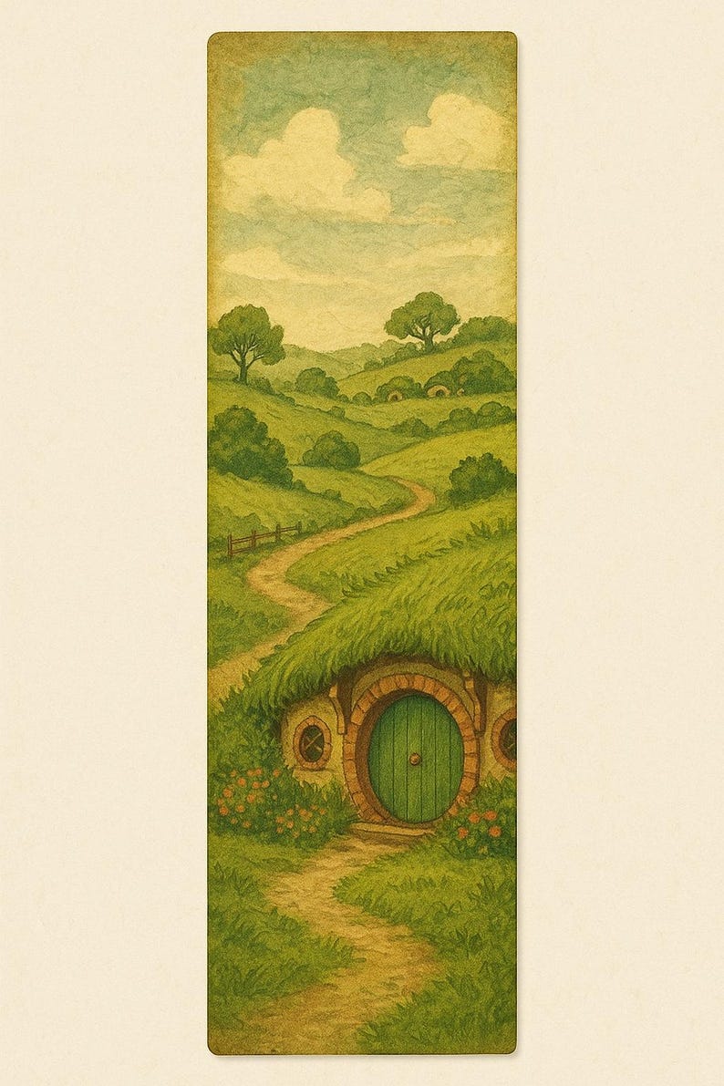 May include: A whimsical bookmark featuring a watercolor illustration of a hobbit hole nestled in a green hillside. A winding path leads to the round green door. The sky is a soft blue with fluffy clouds.