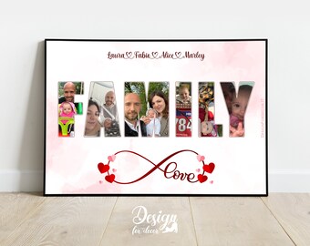 Cornice Poster Collage nel testo Famiglia, Idea Regalo Natale San Valentino Anniversario, Fotografia, Quadretto Home Decor Personalizzato