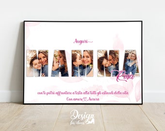 Cornice Poster Collage nel testo Mamma, Idea Regalo Compleanno Natale Festa della Mamma, Fotografia, Quadretto Home Decor Personalizzato