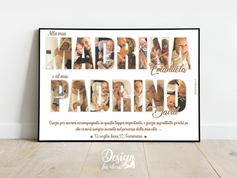 Cornice Poster Collage nel Testo Madrina Padrino, Idea Regalo Battesimo Comunione Cresima, Fotografia, Quadretto Home Decor Personalizzato immagine 2