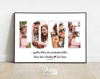 Cornice Poster Collage nel testo Amore, Idea Regalo Compleanno San Valentino Anniversario, Fotografia, Quadretto Home Decor Personalizzato