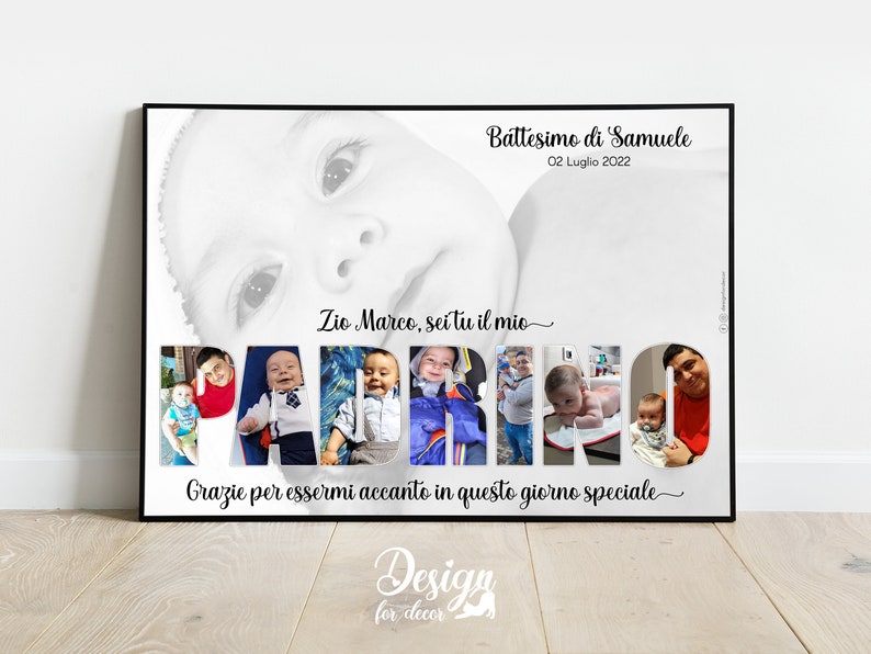 Cornice Poster Collage nel Testo Madrina Padrino, Idea Regalo Battesimo Comunione Cresima, Fotografia, Quadretto Home Decor Personalizzato immagine 7