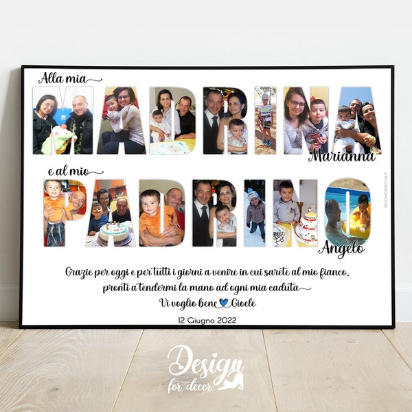 Cornice Poster Collage nel Testo Madrina Padrino, Idea Regalo Battesimo Comunione Cresima, Fotografia, Quadretto Home Decor Personalizzato