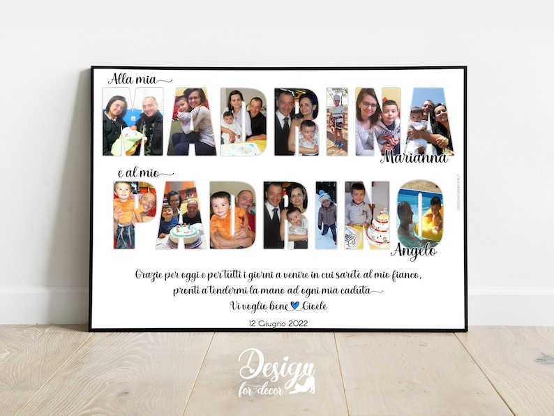 Cornice Poster Collage nel Testo Madrina Padrino, Idea Regalo Battesimo Comunione Cresima, Fotografia, Quadretto Home Decor Personalizzato immagine 1