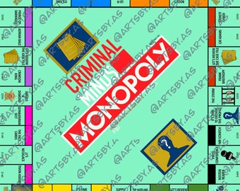 May include: A green and yellow board game with the title "Criminal Minds Monopoly" printed on it. The board game is based on the popular television show Criminal Minds. The board game features characters and locations from the show.
