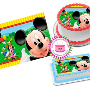 May include: A set of two edible cake toppers featuring Mickey Mouse and his friends. The toppers are printed on edible paper and can be used to decorate cakes, cupcakes, or other desserts. The toppers are perfect for a Mickey Mouse themed party.