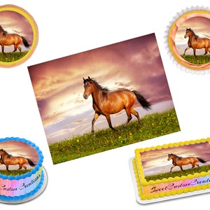 May include: A brown horse runs through a field of green grass and yellow flowers with a sunset sky in the background. The image is for a cake topper or edible image.