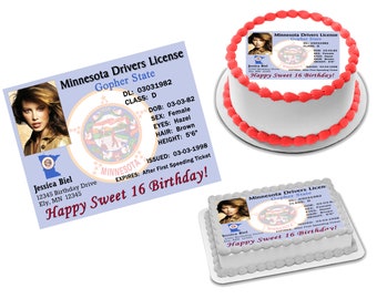 May include: Two white cakes decorated with red and gray frosting. The cakes are topped with edible images of a Minnesota driver's license. The text on the license reads "Minnesota Drivers License Gopher State" and "Happy Sweet 16 Birthday!"