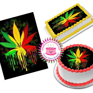 May include: A round cake with a black background and a green, yellow, and red marijuana leaf design with dripping paint. The cake is decorated with red frosting.