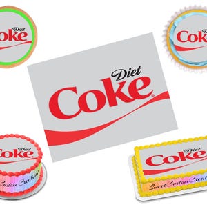 May include: An assortment of custom-designed cakes and treats featuring the Diet Coke logo. The image includes a round cookie, a cupcake, a square cake, and a round cake, all with the iconic red and white branding. The cakes have colorful frosting.