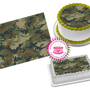 May include: A round and a rectangular cake decorated with a camouflage pattern edible image. The cakes are white with green frosting around the edges. The image shows the text "sweetcustomcreations.com Custom Orders Accepted".