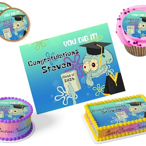 May include: A graduation-themed image featuring a variety of desserts. Includes a cake, cupcakes, and cookies, all decorated with a cartoon squid wearing a graduation cap. The text "Congratulations Steven" and "Class of 2026" are visible. The cakes have colorful frosting.