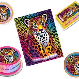 May include: A set of edible cake toppers featuring a rainbow leopard print with a cute baby leopard face. The toppers are available in different sizes for cakes, cupcakes, and cookies. Sweet Custom Creations is printed on the cake toppers.