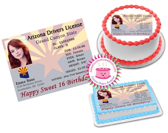 May include: Two edible cake toppers featuring a fake Arizona driver's license with a photo of Emma Stone. The text on the license reads "Arizona Drivers License, Grand Canyon State, DL: 11061988, Class: D, DOB: 11-06-88, Sex: Female, Eyes: Green, Hair: Brown, Height: 5'6", Issued: 11-06-20, Expires: After First Speeding Ticket". The text on the cake topper reads "Happy Sweet 16 Birthday!"