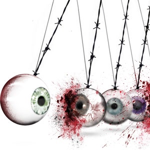 May include: A conceptual image featuring five eyeballs hanging from barbed wire. The first eye is whole with a green iris, the others are damaged with blood spatter. The artwork evokes a sense of unease and violence.