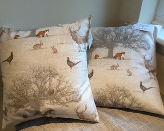 Stag, pheasant and fox woodland cushion in Fryetts Tatton fabric - takes 18” pad