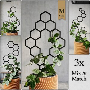 Op de afbeelding: Een zwart metalen plantenrek met een honingraatpatroon en een centrale open ruimte. Het rek wordt in drie verschillende configuraties getoond, ondersteunend aan een groene plant in een geribbelde, beige cilindrische pot. Tekst M size.