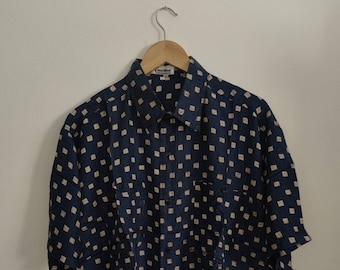 L Vintage 100% Silk Shirt, Retro Crazy Minimalistic Patterns Short Sleeve 80s 90s