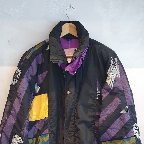 L Vintage Jacke, Geometric Design, Retro Ski Sports Wear from the 80s 90s