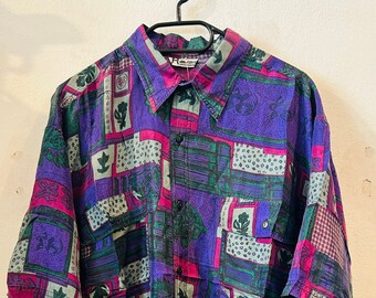 L-XL Vintage Short Sleeve Seide, Blumen Patchwork Muster, 80s 90s