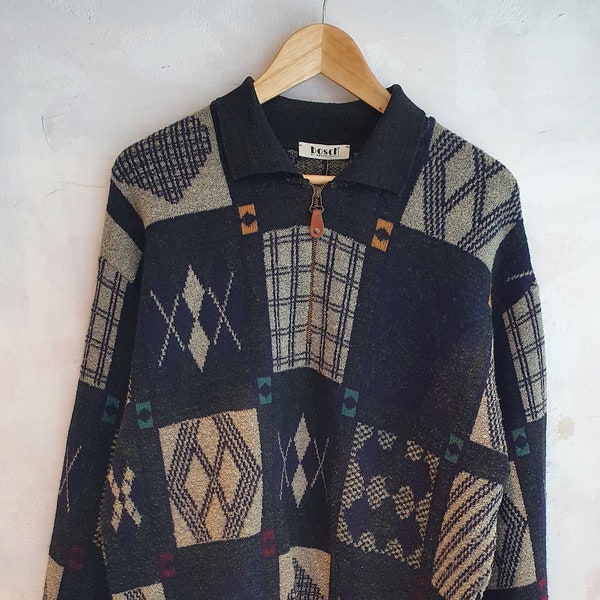 L Vintage Pullover, Crazy Pattern geometric, Retro Knitwear 80s 90s