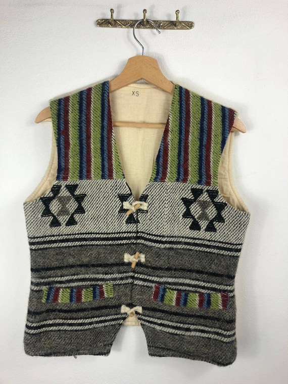 XS-S Vintage Handmade Vest, Navajo Patterns Wood … - image 1