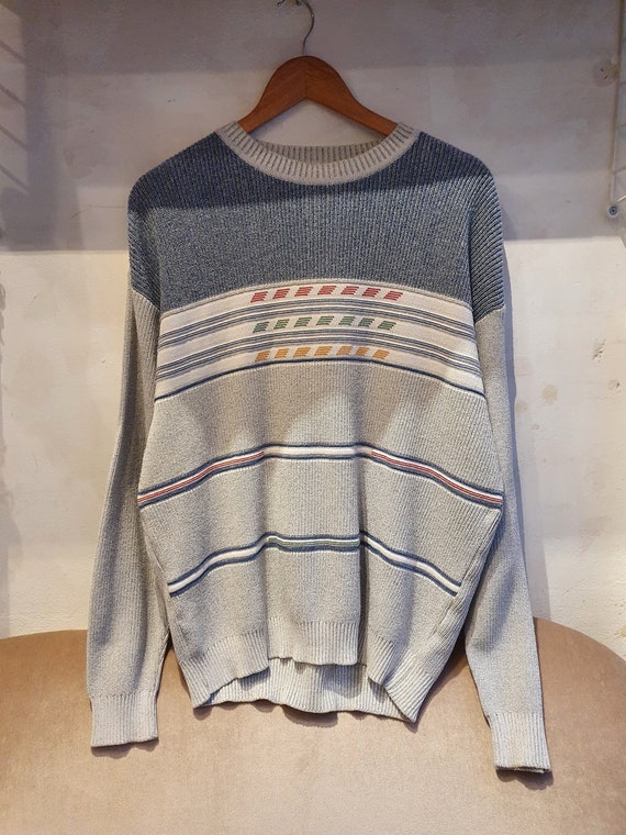 L Vintage strick Pullover gestreift, 80s 90s