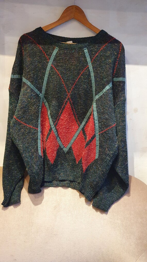 L Vintage strick Pullover Karo muster, 80s 90s