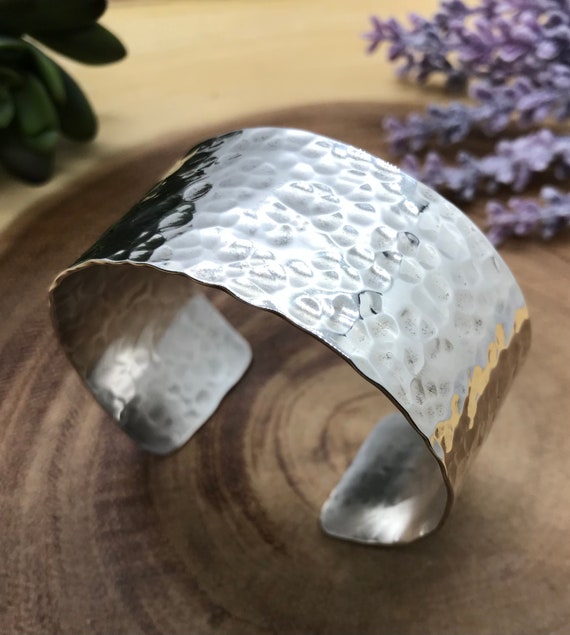 Amazing Sterling Silver Concave Hammered Cuff Bangle Bracelet - 7 Inch -  925Express