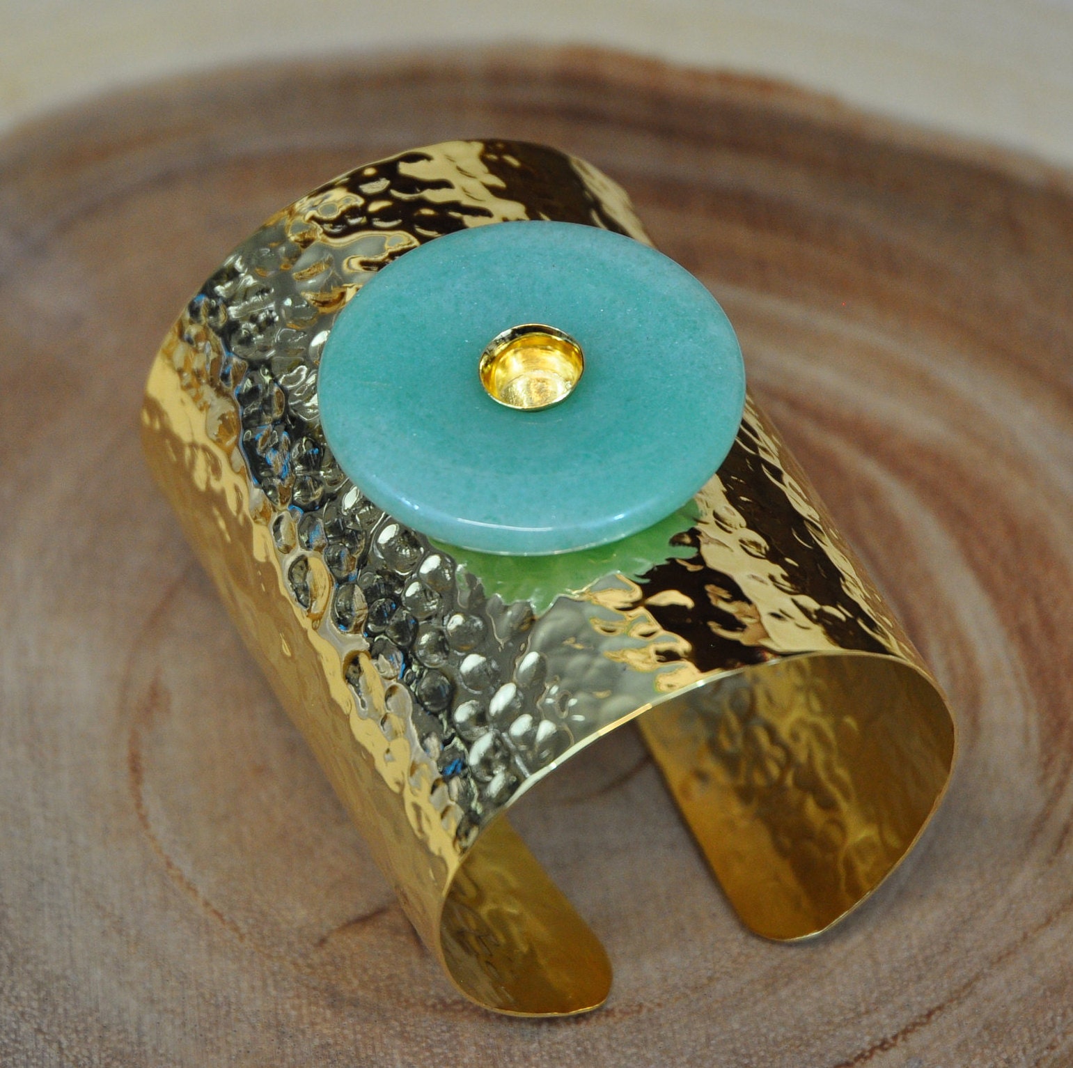 Jade Bracelet Gold Plated Hammered Cuff