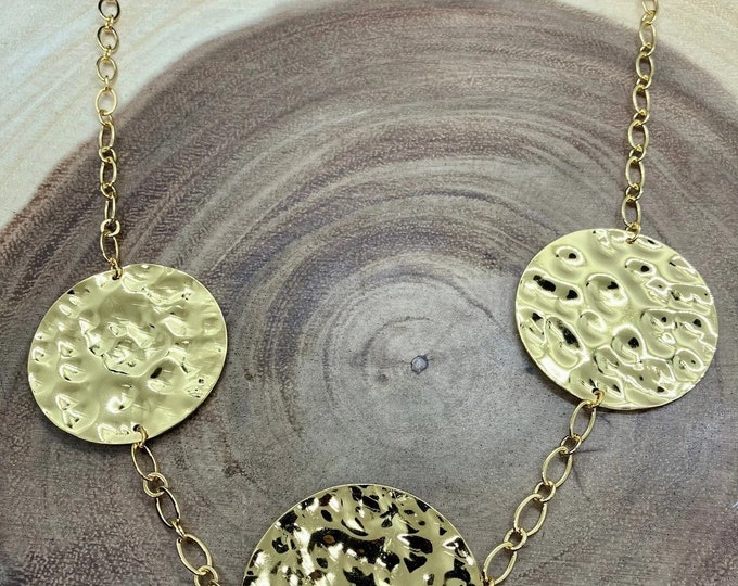 Featured listing image: 22 kt Gold Plated Link Chain Necklace with Three Hammered Circle Pendants