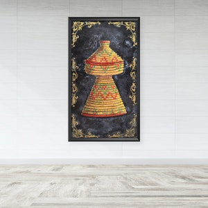 May include: A framed illustration of a traditional Ethiopian woven basket, called a "mesob", with a dark blue background and gold accents.