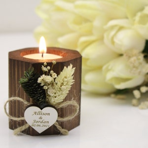 Rustic Wedding Favor Candle: Personalized Dried Flower Tealight Holder