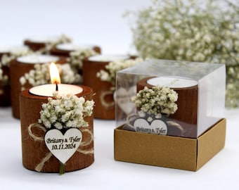 50 pcs Personalized Wooden Candle Holders, Custom Engraved Wedding Favors for Guests in Bulk, Relgious Keepsake, Christening Gift, Henna
