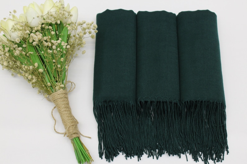 Forest Green Pashmina Shawl, Bridesmaid Shawl, Personalized Wedding Favors for Guests, Pashminas in Bulk, Bridal Shower Favor, Wedding Shawl image 4