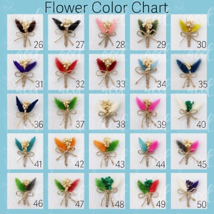 May include: A color chart of 50 small flower bouquets, each tied with twine and featuring different colored feathers. The bouquets are arranged in rows of five, with each row numbered from 26 to 50.