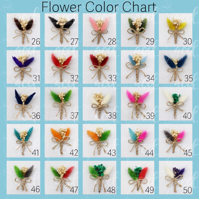 May include: A color chart of 50 small flower bouquets, each tied with twine and featuring different colored feathers. The bouquets are arranged in rows of five, with each row numbered from 26 to 50.