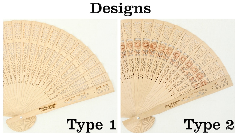 May include: Two wooden hand fans with different designs. The fan on the left has a simple, intricate cut-out design. The fan on the right has a floral design with a brown tint. Both fans have a personalised inscription on the handle.