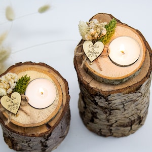 Personalized Wood Tealight Holder: Rustic Wedding Favors, Dried Flowers