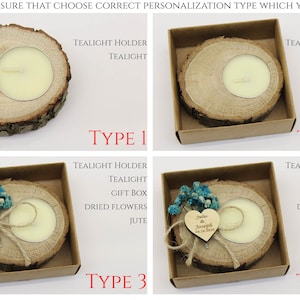 May include: Four different types of wooden tealight holders. Each holder is made of a natural wood slice and comes with a tealight candle. The first type is a simple holder with a tealight candle. The second type is a holder with a tealight candle and a gift box. The third type is a holder with a tealight candle, dried flowers, and jute twine. The fourth type is a holder with a tealight candle, dried flowers, jute twine, and a heart-shaped tag.